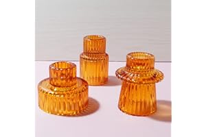 Ni-JASW Amber Gold Ribbed Glass Taper Candle Holders, Candlestick Tea Votive Candle Holders for Table Centerpiece Wedding Decor, Set of 3