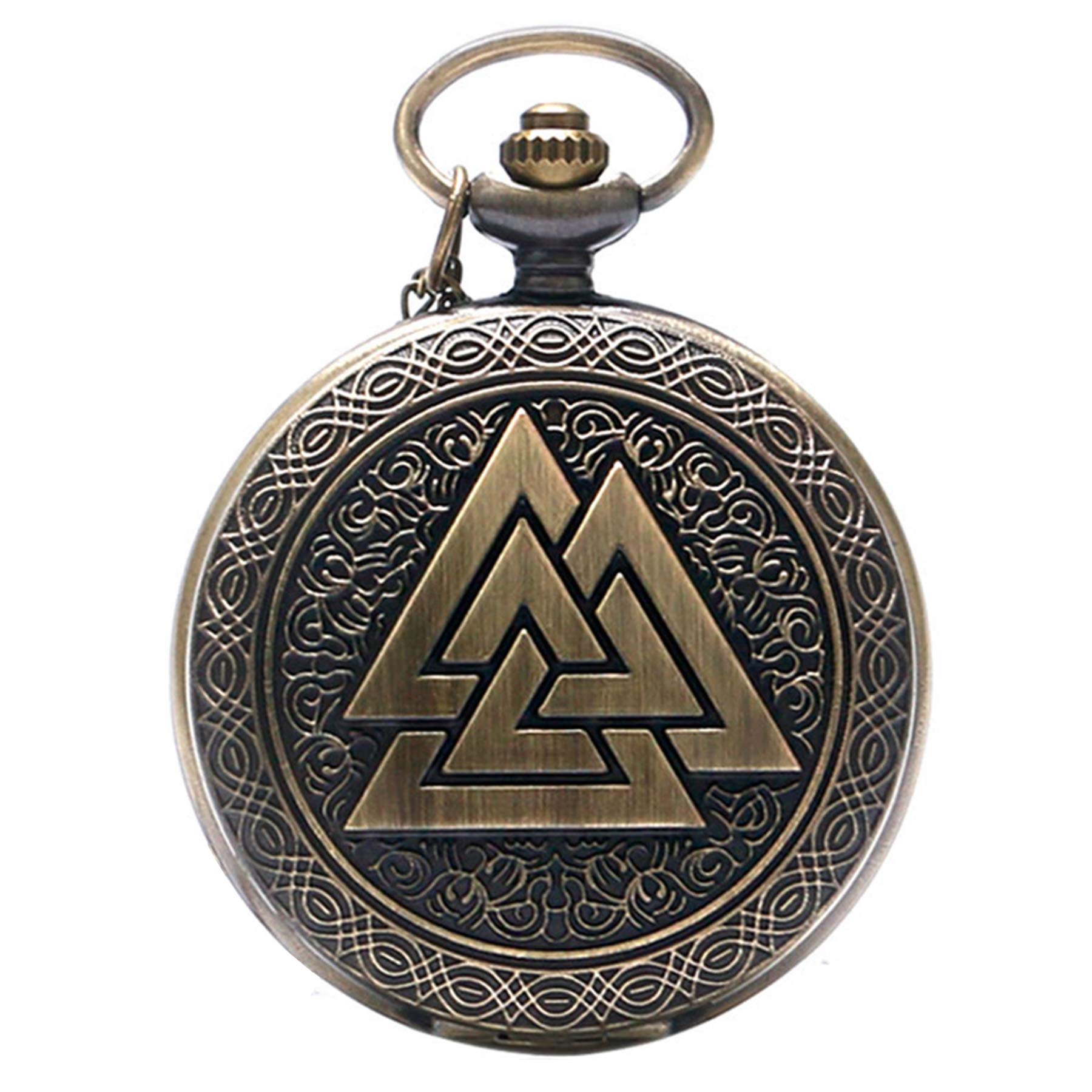 CokinkiDs Vintage Triangle Valknut Norse Vikings Bronze Quartz Pocket Watch Necklace Chain Three Interlocking Fob Watch Xmas Gifts