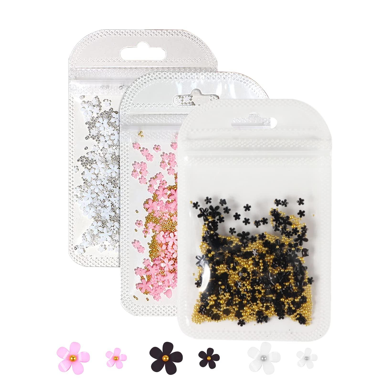 Flower Nail Art Charms, 600 Pcs 3D Acrylic Flower Nail Charms with Pearl Golden Silver Caviar Beads DIY Nail Art Accessories for Women Girls
