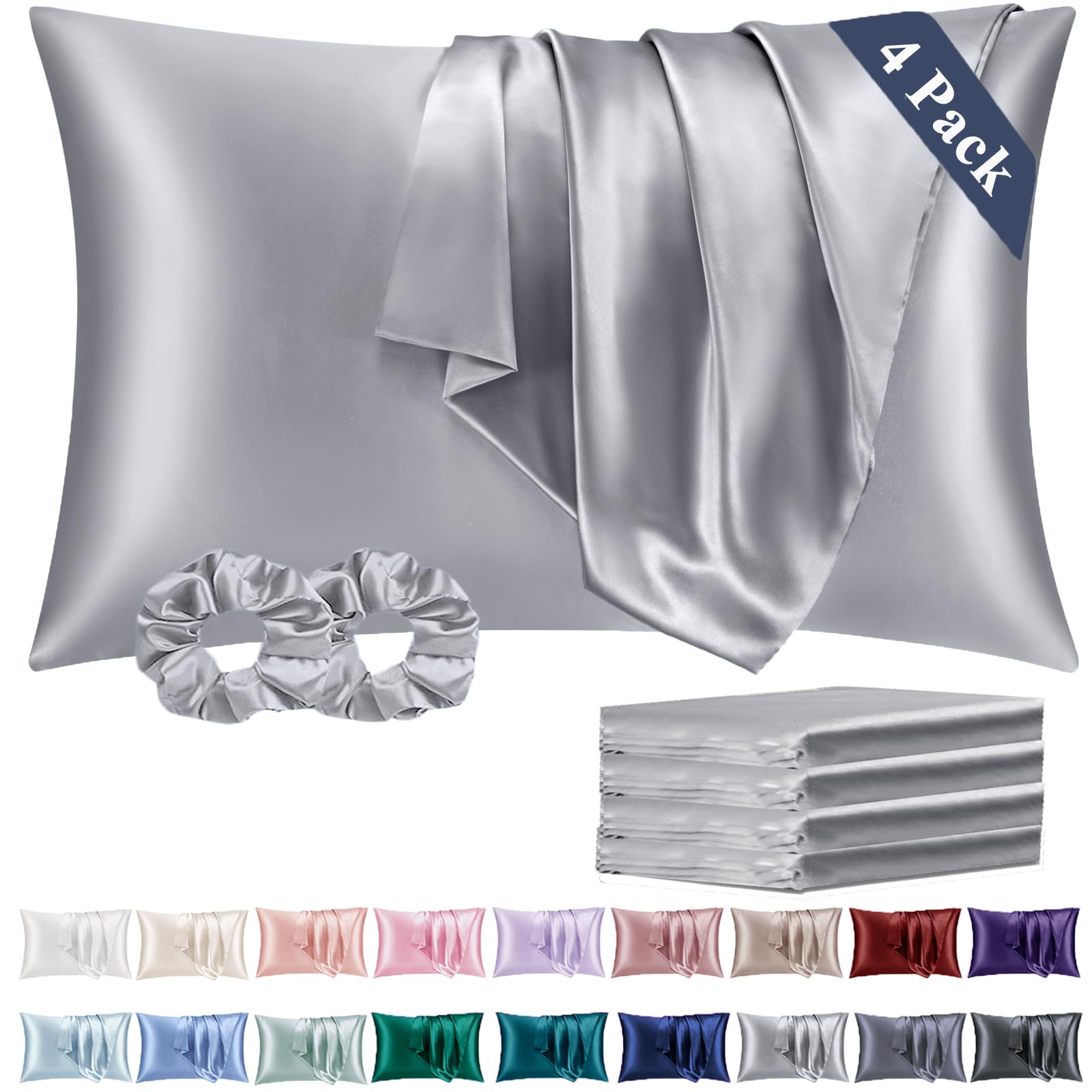 Vielit Satin Pillowcase for Hair and Skin Cooling,Soft as Silk Pillowcase for Hair and Skin,Easier Care than Silk Pillow Cases 4 Pack Grey 50x75cm Gifts for Women Envelope & 2 Scrunchies
