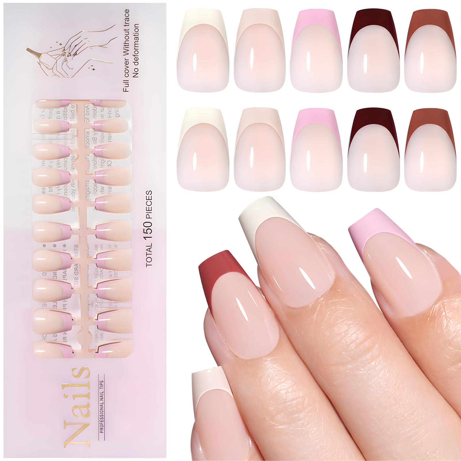 Photo 1 of 150pc Multicolor French Tips Press on Nails Short Coffin Fake Nails with Glue Tabs, Pale Nude Short Nails Press ons Nail Coffin Nail Tips French Acrylic Glue on Nail Artificial Fingernail for Women