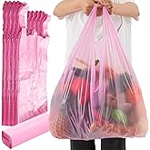 Dunzoom 180 Pcs Jumbo Size T-shirt Bags Bulk 17" x 8" x 29" Large Plastic Shopping Trash Bags with Handles, 18 mm Thick for Business, Retail, Grocery, Take Out, Supermarket, Restaurant (Pink)