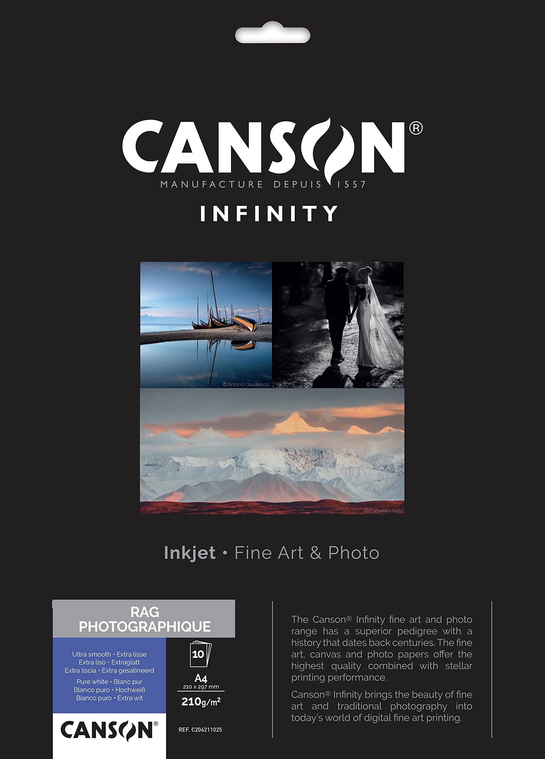 CANSON Infinity Rag Photographique Ultra Smooth 310gsm A4 Paper, Digital Fine Art Reproduction, 10 Pure White Sheets, Ideal for Professional Photographers