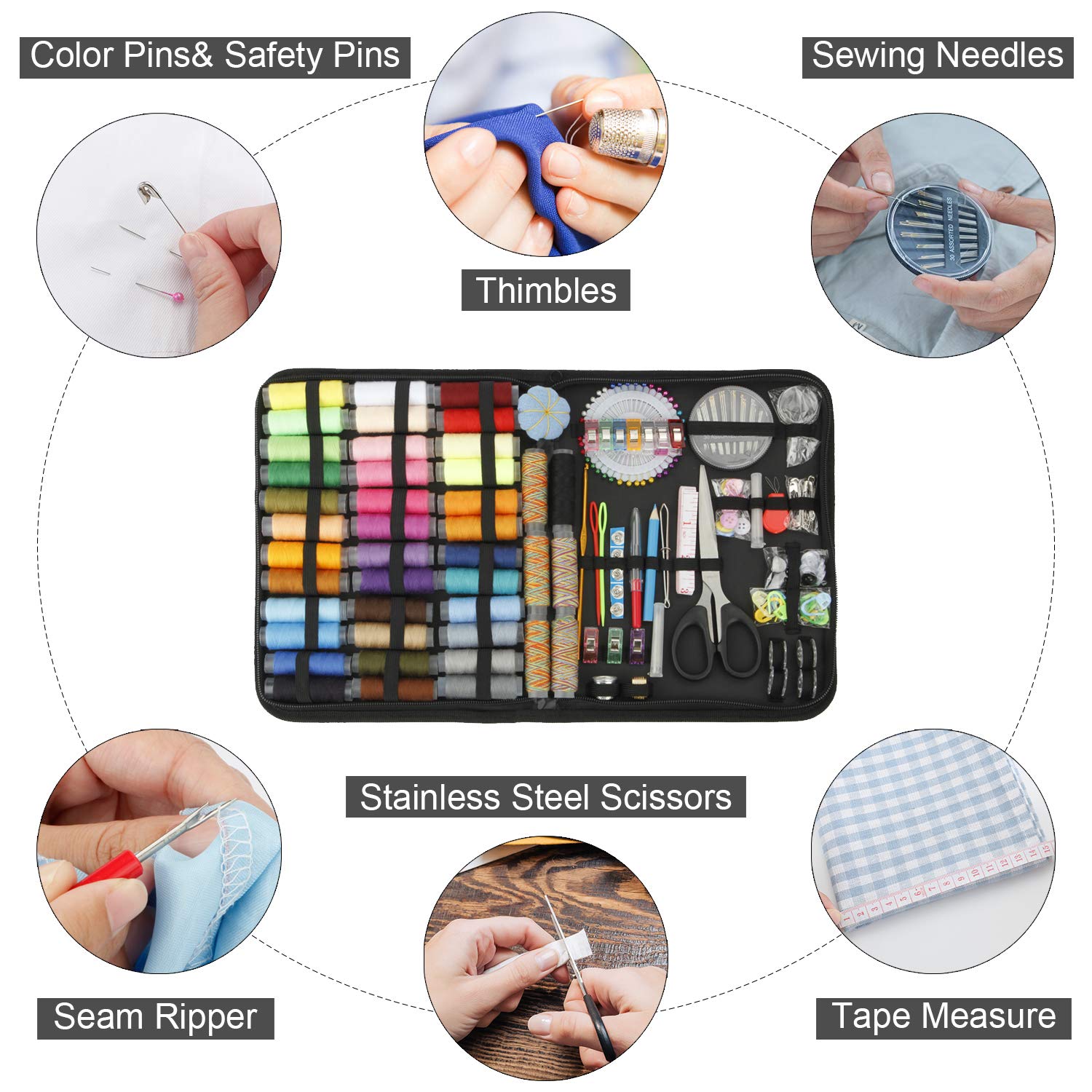 HuaQi Sewing Kit 206pack Sewing Accessories and Supplies with 42 XL Thread Spools, Sewing Needles, Scissors, Tape Measure, Thimble etc. for Traveler, Adults, Beginner, Emergency, DIY (XL-206pack)