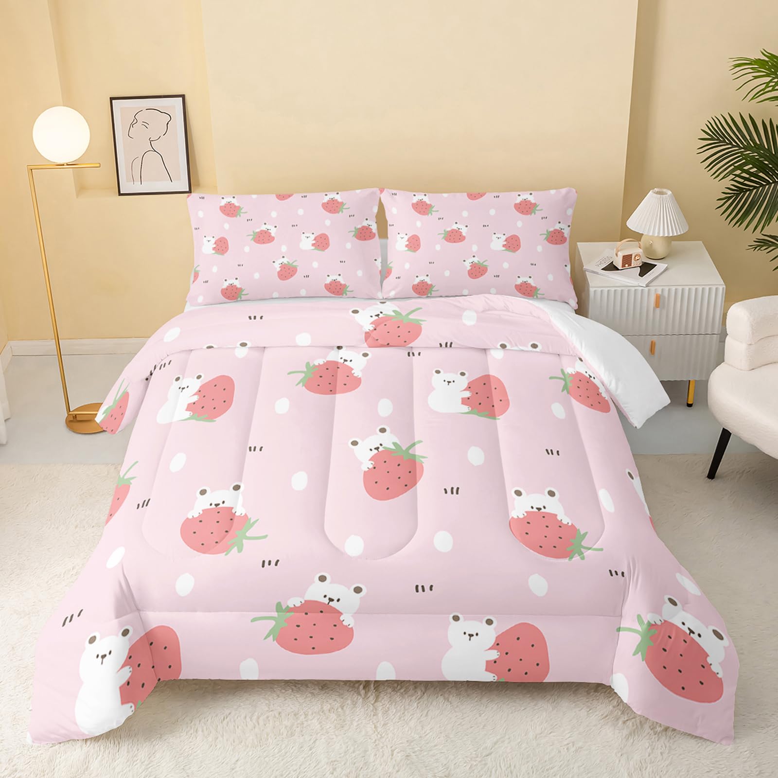 Photo 1 of QOOMO Cartoon Bear Comforter Queen Size,Pink Strawberry Bedding Set for Kids Teens Girls,3Pcs Bedding Set Printed Comforter with 2 Pillowcases,Down Alternative,Soft and Lightweight?Queen Size