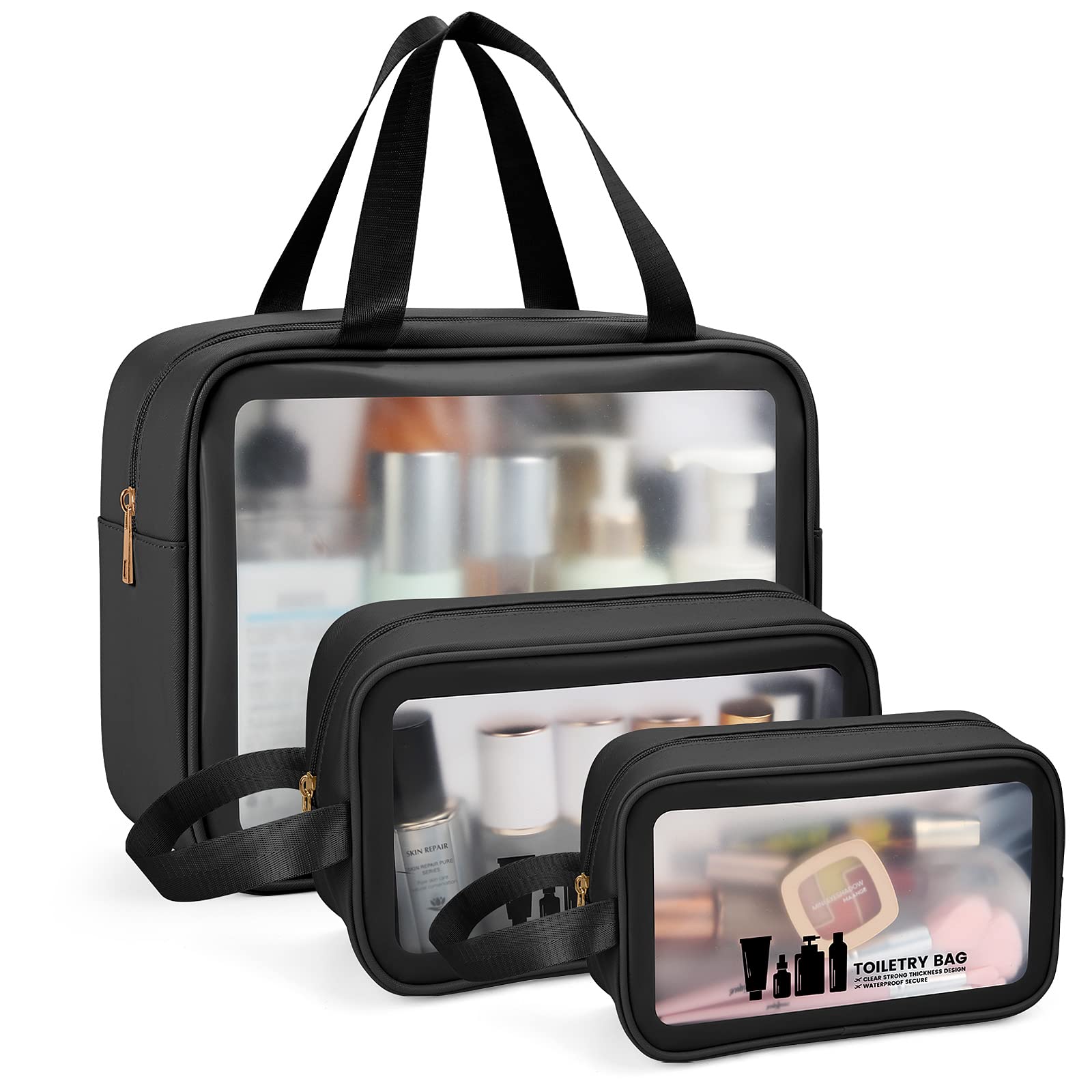 Toiletry Bag MAANGE 3 PCS Clear Travel Toiletries Bag Wash Bag Translucent PVC Waterproof Makeup Bag with Zipper Toiletry Bags for Women Men(Black)