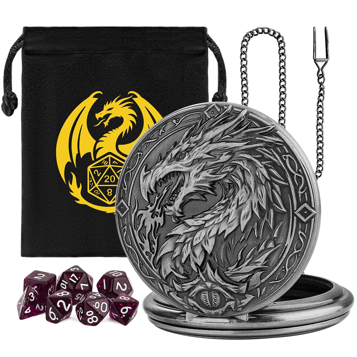 Mini DND Dice Set, 7-Piece Polyhedral Acrylic D&D Dice, with Steampunk Dragon Large Pocket Watch Case, DND Gift Bag with Dragon Logo, Role Play Board Game Accessories, Dark Silver + Purple