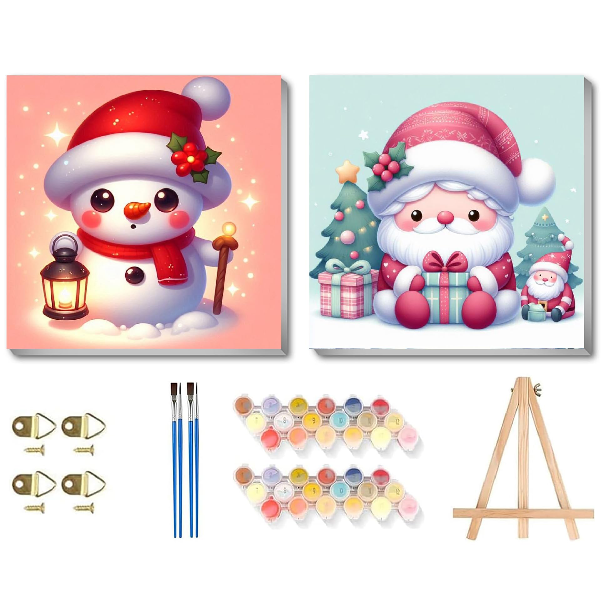 Photo 1 of 2 Pack Christmas Paint by Number for Kids with Wooden Frame, Paint by Numbers for Kids Beginner Ages 4-8-12, Easy Painting with Numbers DIY Acrylic Oil Painting Kits for Home Wall Decor (8X8 inch)