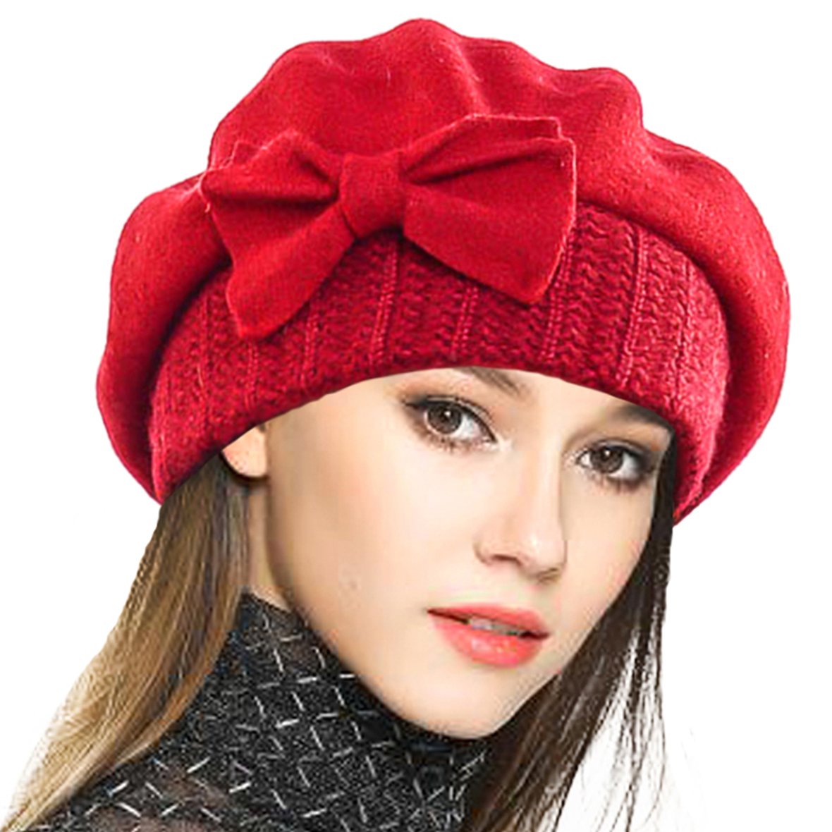 VECRY Lady French Beret 100% Wool Beret Dress Beanie Winter Hat (Red)