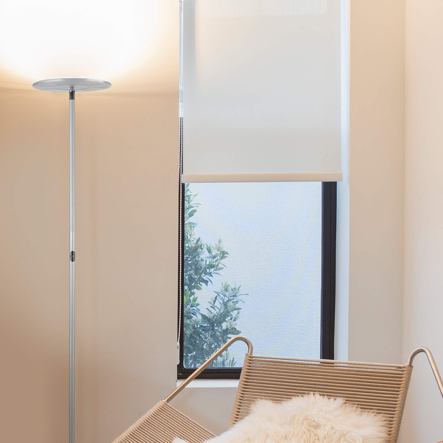 Brightech Sky Flux Dimmable LED Floor Lamp – Super Bright Floor Lamp for Living Room and Offices – Torchiere Standing Lamp with 3 Light Options, Tall Lamp for Bedroom Reading and More - Silver
