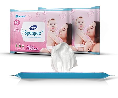 DIGNITY Spongee Baby Wet Wipes (Clear, 150 x 200 mm, 30 Wipes/Pack, Total 90 Wipes) - Pack of 3