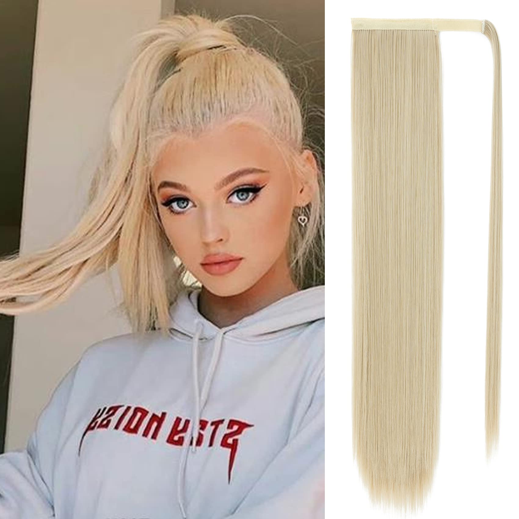 Silk-co Clip in Ponytail Wrap Around Hairpiece Straight Pony Tail Hair Clip on Extension 28 Long hair smooth Heat-Resisting Fiber Hairpiece for Women Blond&Bleach Blond