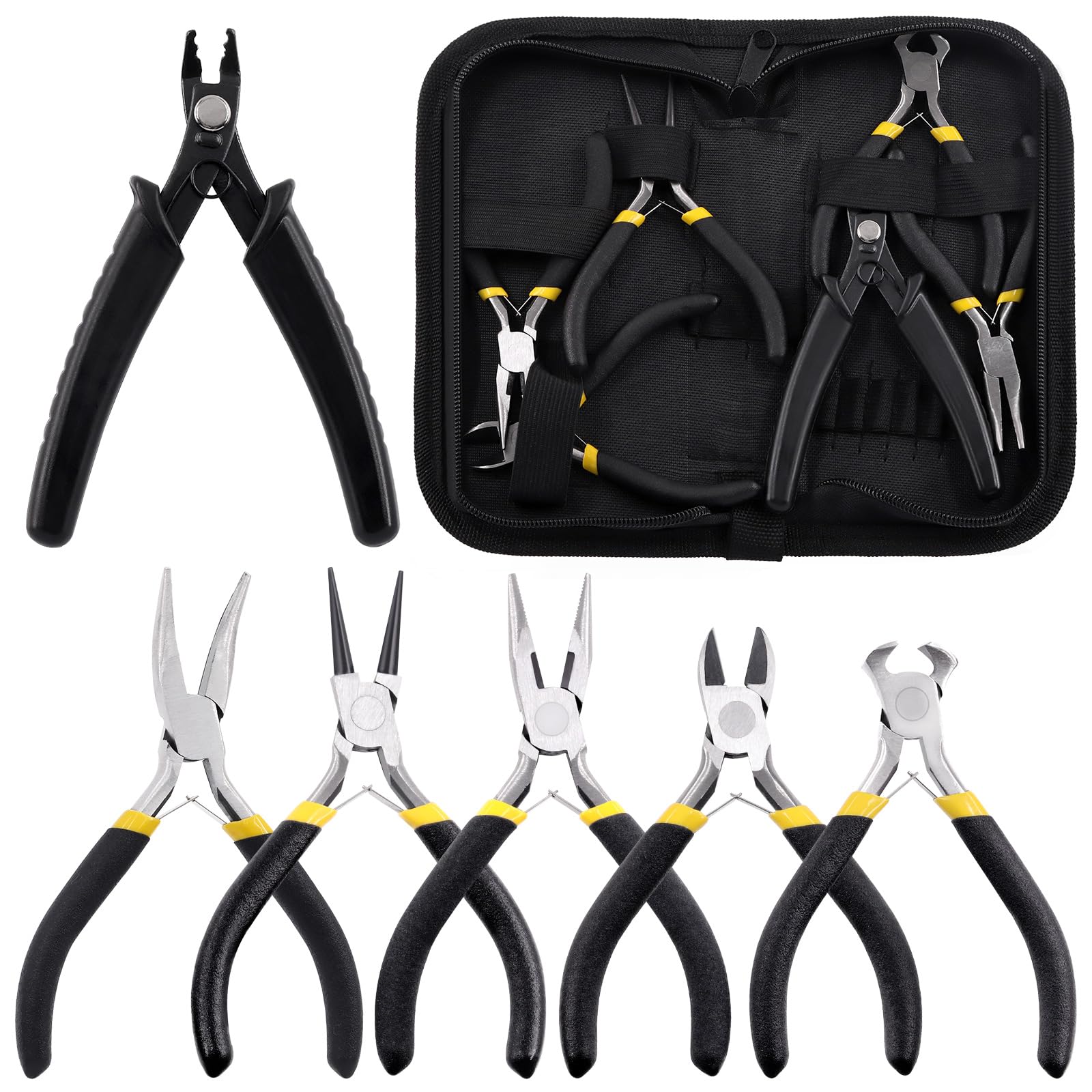 Mardatt 6Pcs Jewelry Pliers Set - Round, Bent, Needle Nose, Crimping, End Nippers and Wire Cutters for Jewelry Making and Repairing