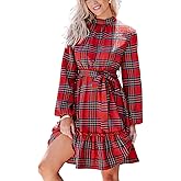 CUPSHE Women's Winter Christmas Dress High Neck Plaid Tie Back Long Sleeve Belted Ruffled Hem Mini Dresses