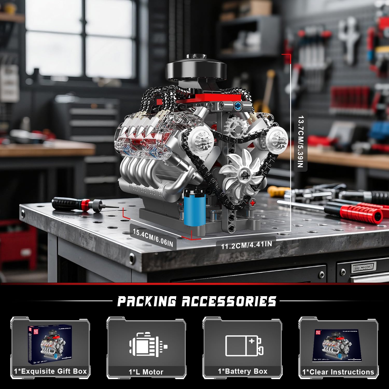 Mould King 10171 Technik V8 Motor Bausteine Spielzeug, APP V8 Motor Bausatz Auto Klemmbausteine Technik Modell Enthält Acht-Zylinder und Batteriekasten als Spielzeug/Geschenk/Sammlerstücke (487 Teile) 6