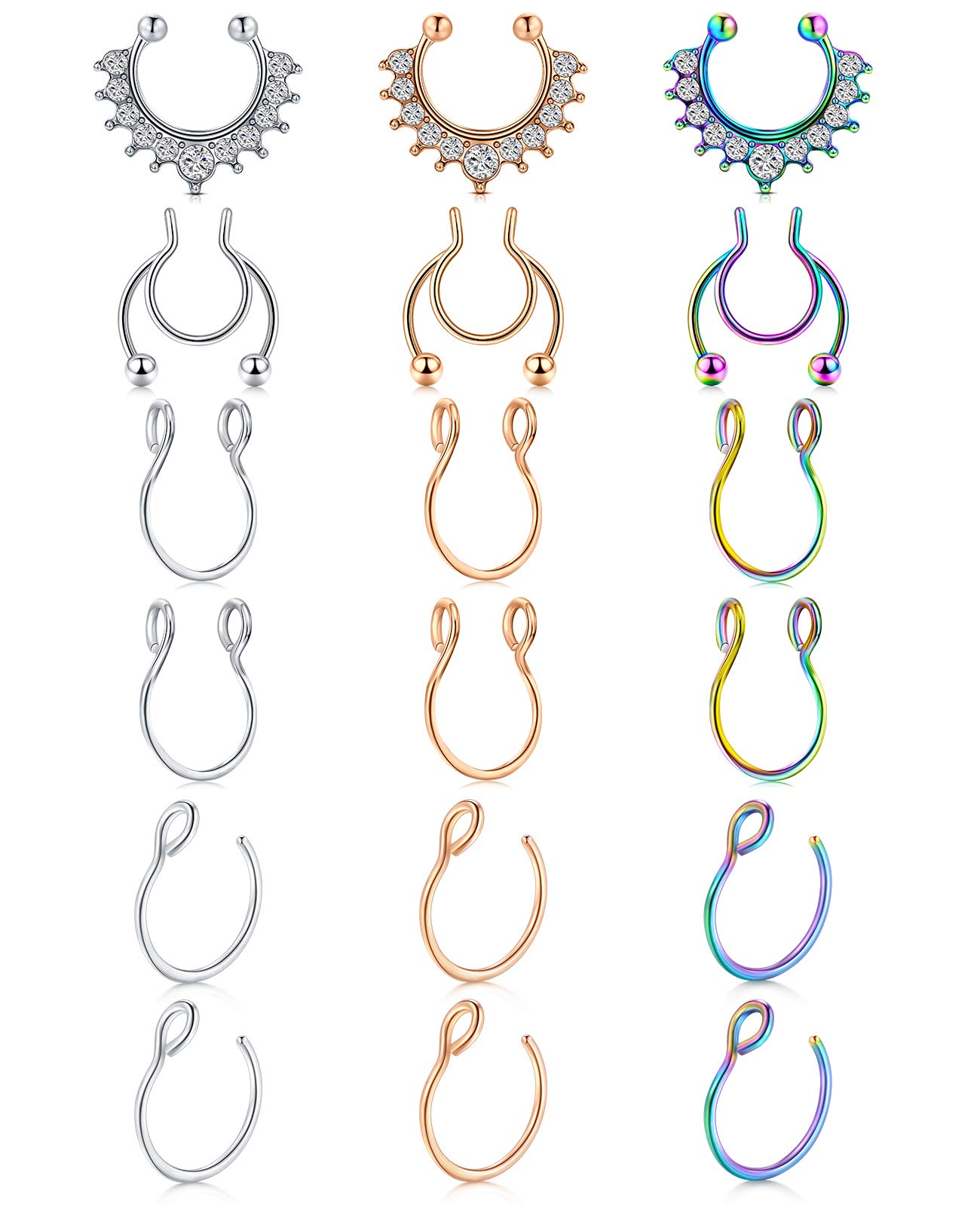 LAURITAMI Non Piercing Jewellery Set Stainless Steel Fake Nose Rings Clip on Septum Rings Nose Ear Hoop 18pcs