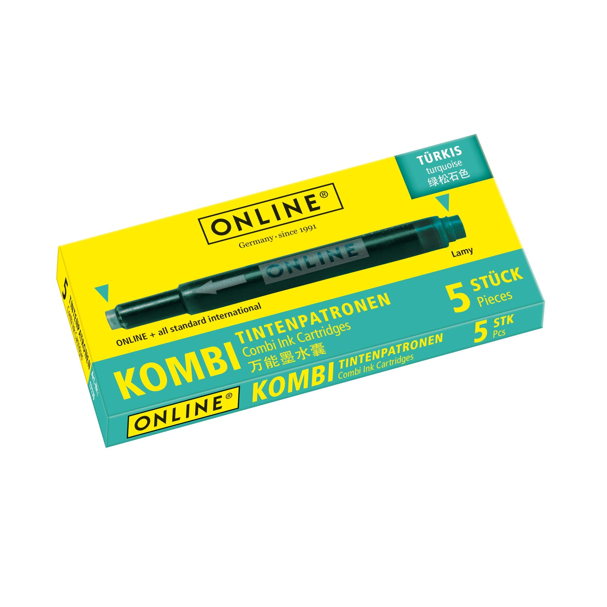 Online Double-Sided Pen Ink cartridges, Universal Pen Refills, Compatible with All Common Fountain pens, Even Lamy pens - 5 Spare cartridges - Colour Turquoise