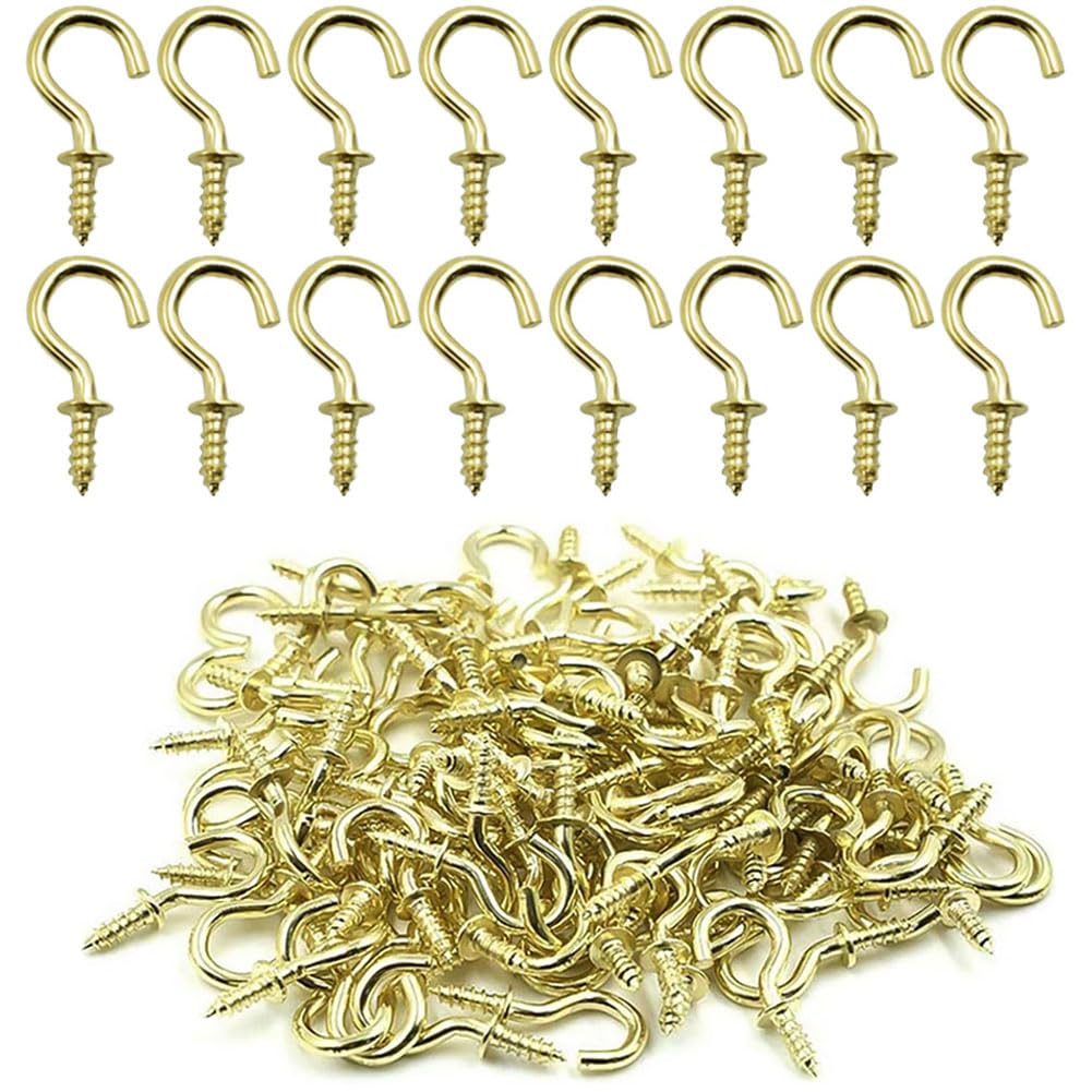 nanaxagly Self-Tapping Screw Hooks, 100 Pieces 1/2 inch Cup Brass Plated Screw-in Hooks, for Hanging Crafts Keys Caps Plants String Lights Wreaths, Gold