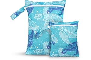 CoolaPeach 2 Pcs Wet Bags Waterproof Reusable Zippered Pocket Cloth Diaper Wet Dry Bags for Travel Beach Pool Swim, Baby Diapers,Gym Yoga Wet Clothes,Swimsuit,water wipes(Blue turtle)