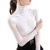 Women's Soft Long Sleeve High Neck Sheer Mesh Tops Pullover Baselayer Fitted Undershirts Lightweight Slim Trendy Shirts