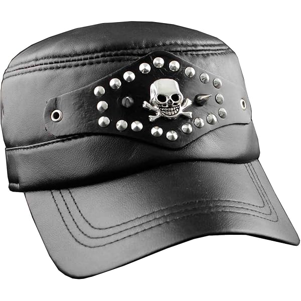 Cool Spike Goth Skull Real Leather Cap Bassbal Hat Men's Biker