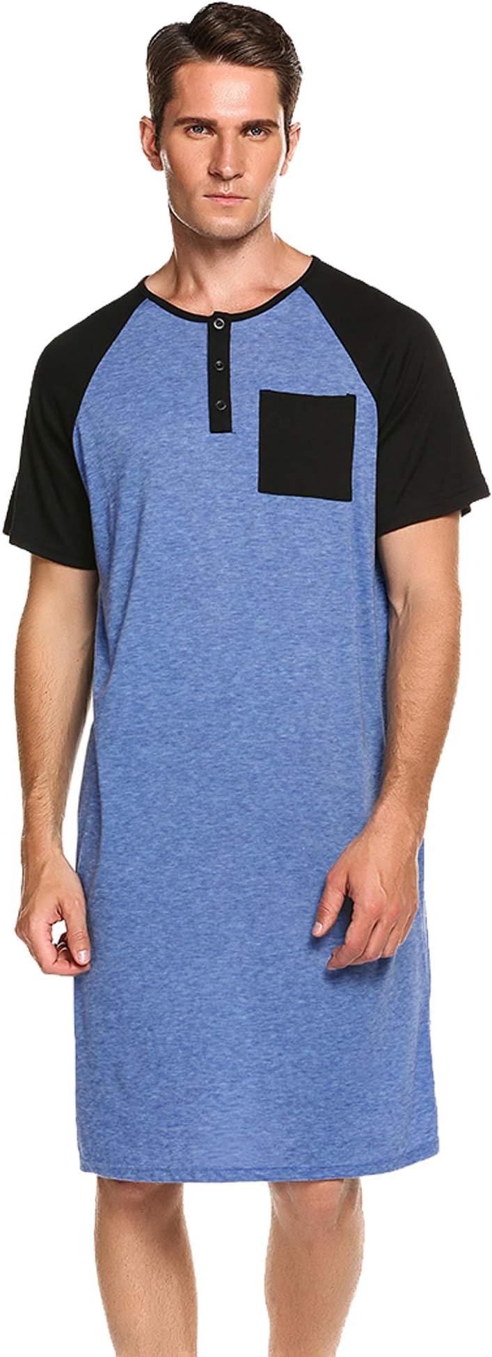 Skylin Henley Nightshirt Night Lounge Dress Mens Knit Cotton Nightgown Sleep Dress (Navy Blue, 3XL)
