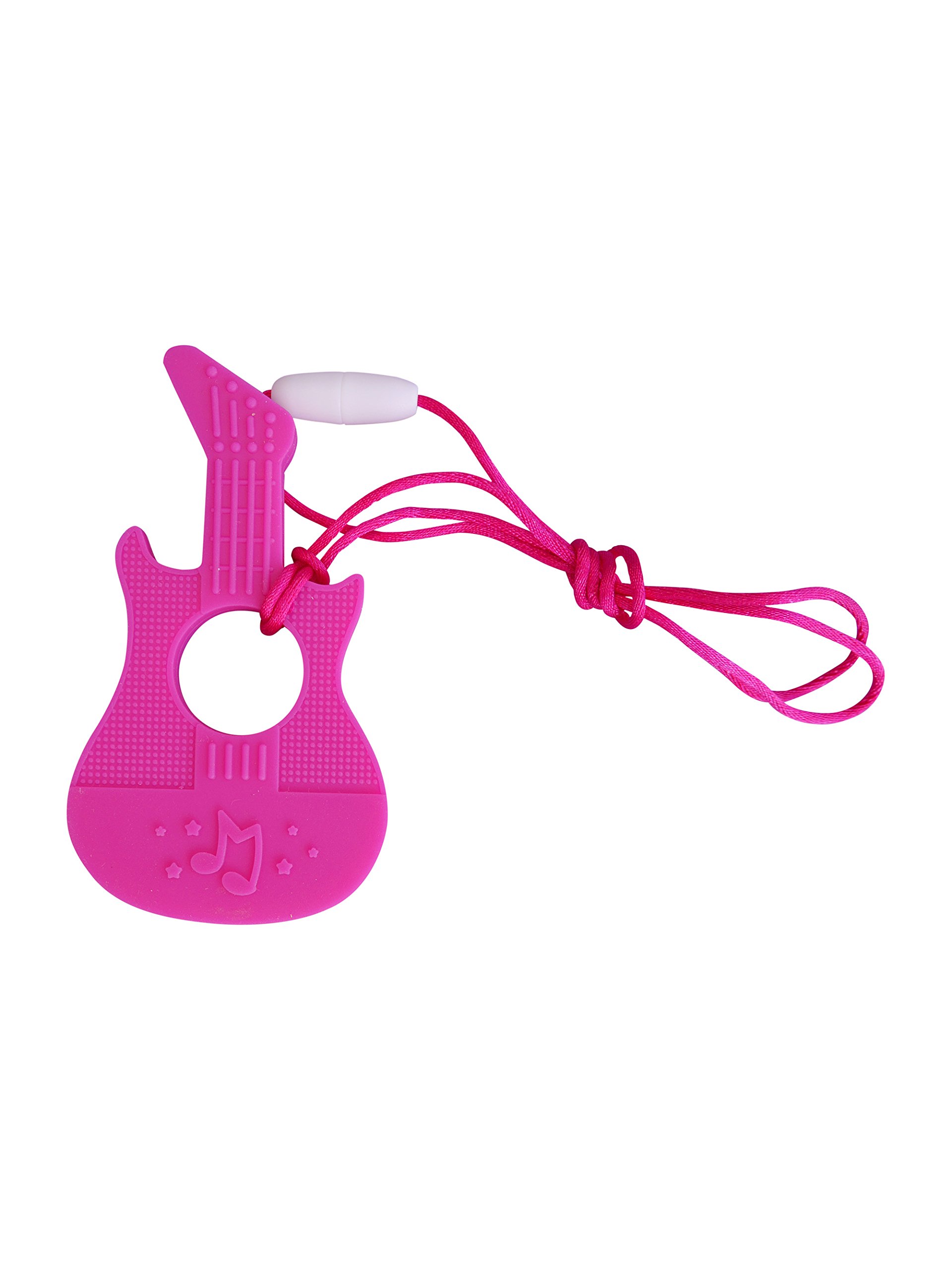 MilkMama Music Guitar Silicone Teether Soother Teething Sensory Chewy Chewelry BPA Free With Chord and Breakaway Clasp, 7 Colours (pink)