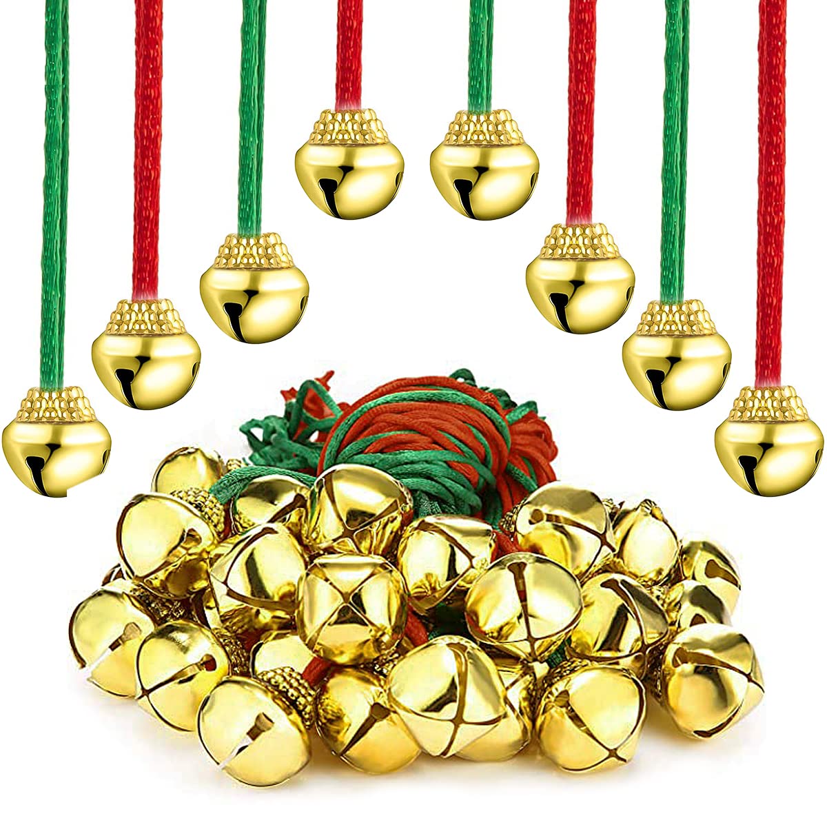 24 Large Gold Jingle Bells with Red Green Rope - Metal Christmas Bells Hanging Decorations for Tree Festival Party DIY Craft Jewelry Making