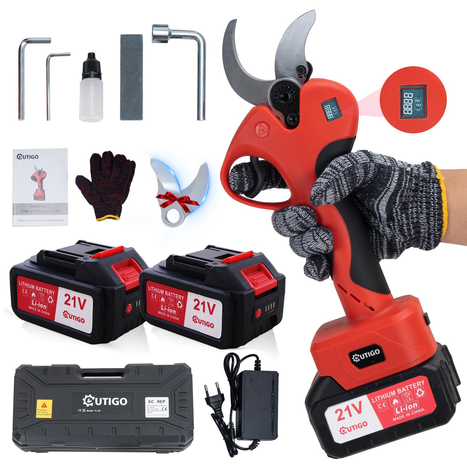 OUTIGO Elektrische Zuschneideschere, ausgestattet mit 2 Batterien 3000mAh, 40mm, mit Display, Bürstenloser Motor, geeignet für Gartenbau, Obstbäume, Weinberge