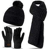 Hicarer 3 Pcs Winter Beanie Hat Scarf Gloves Set for Women Men Black Beanie with Pom Pom 71 x 12 in Warm Knitted Scarf and Touchscreen Gloves 3 in 1 Set for Unisex Cold Weather Winter
