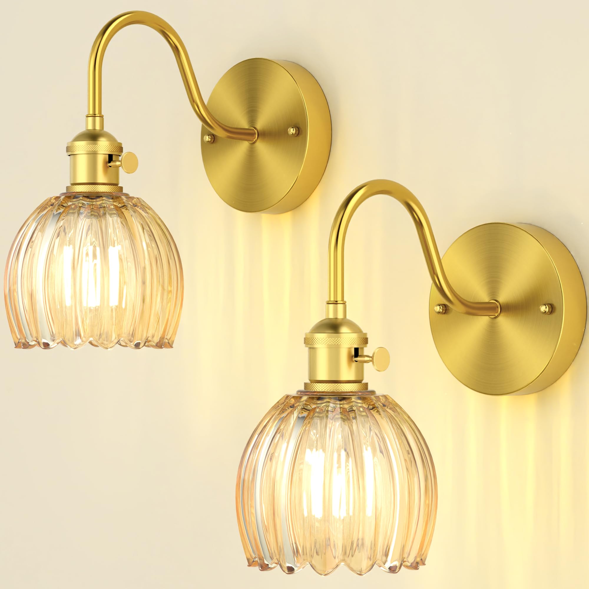 Photo 1 of Phaosio Vintage Tulip Amber Glass Shade Hardwired Wall Sconce – 2 Pack Brass Mid Century Light Fixture for Bedroom Living Room Dining Room Hallway