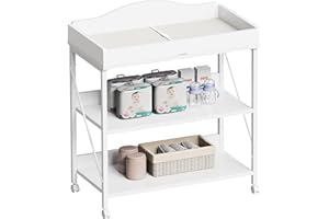 Yetom Baby Changing Table, Diaper Changing Station with Pad and Wheels, Two-Tier Open Storage Shelves, Waterproof Diaper pad & Safety Strap, Compact Baby Furniture for Nursery, White