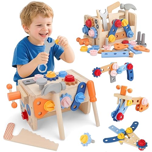 deAO Wooden Kids Tool Set, 37 Pcs Construction Play Toy for 3 year old Boys Girls, Montessori Toys for 3 Year Olds Wooden Tool, Kids Tool Set, Role Play Educational Construction Toddler Playsets