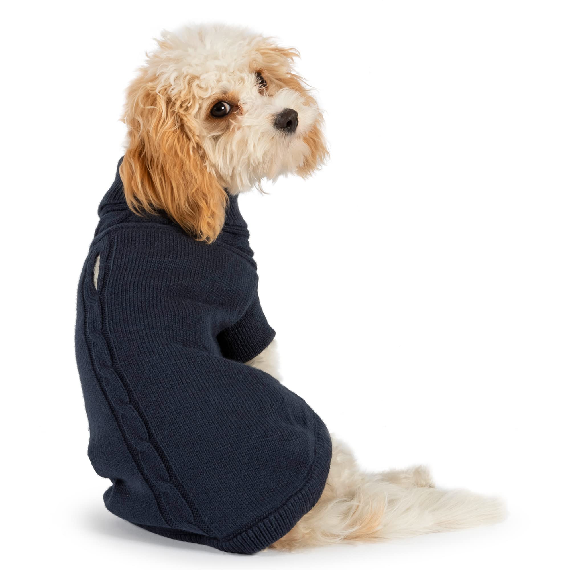 Ancol Cable Knit Dog Jumper in Blue - Extra Warm and Cosy Woollen Sweater - Classic Knit Design with Leg Straps and Harness Hole - Stylish Pet Winter Wear - X Small 25cm L