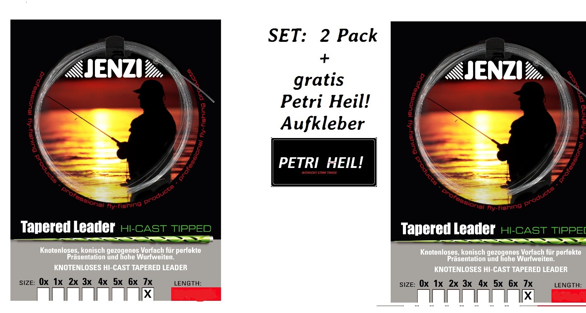 Jenzi Set: 2 Pack Knotless Tapered Leader 7X/0.12/0.44 + Petri Heil Sticker