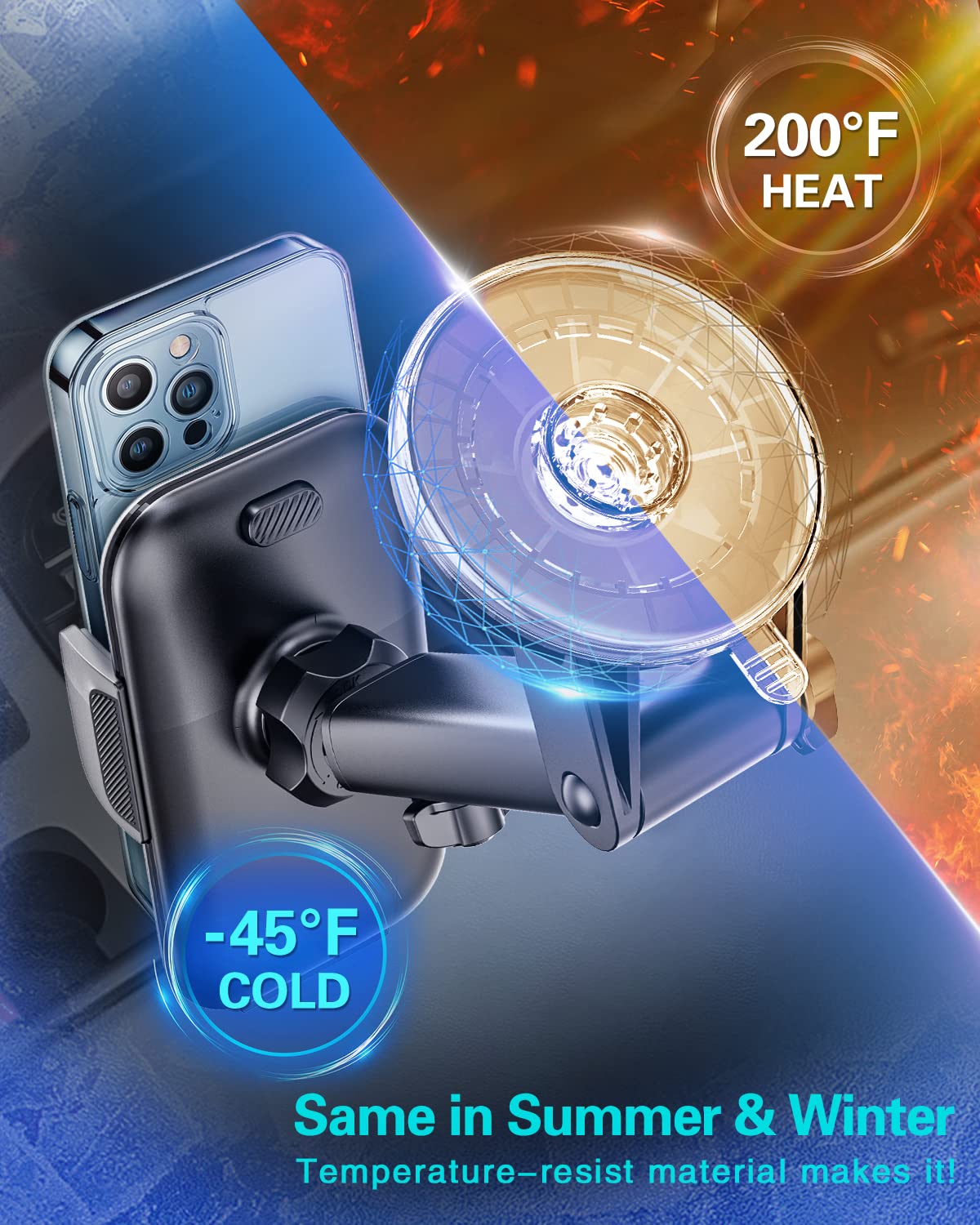 volport Cell Phone Mount for Car [Universal for iPhone Wallet & Thick Case] Military Suction Car Phone Holder for Dashboard & Windshield, Air Vent Clip with Deep Wide Clamp for Big Heavy Cellphone