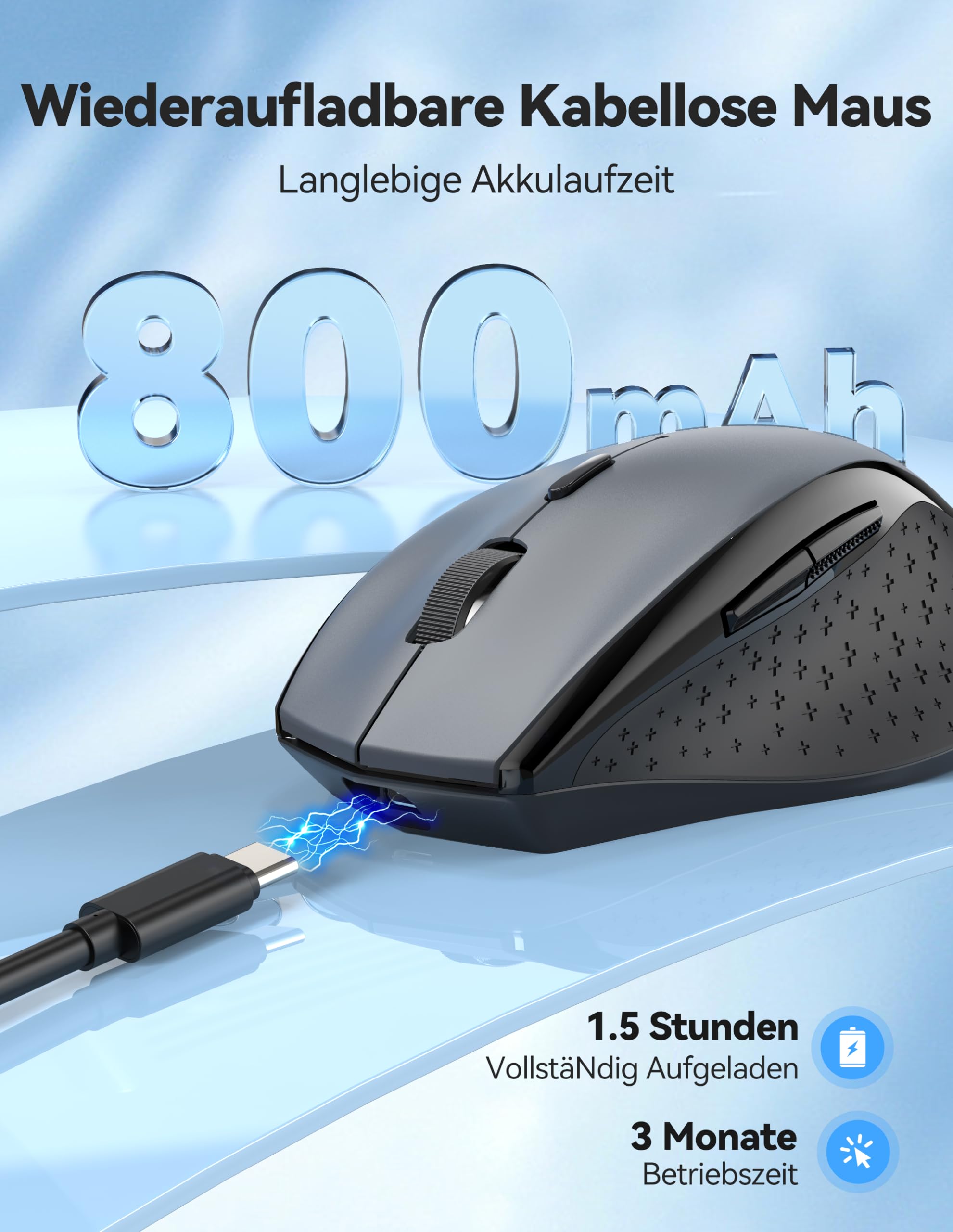 TECKNET PRO Kabellose Maus Wiederaufladbar, Silent Funkmaus 6400 DPI, 2,4 GHz Computermaus, Ergonomische Griffe, 6 Tasten, Tragbar Maus für PC, Laptop,Chromebook, Mac-Grau 2