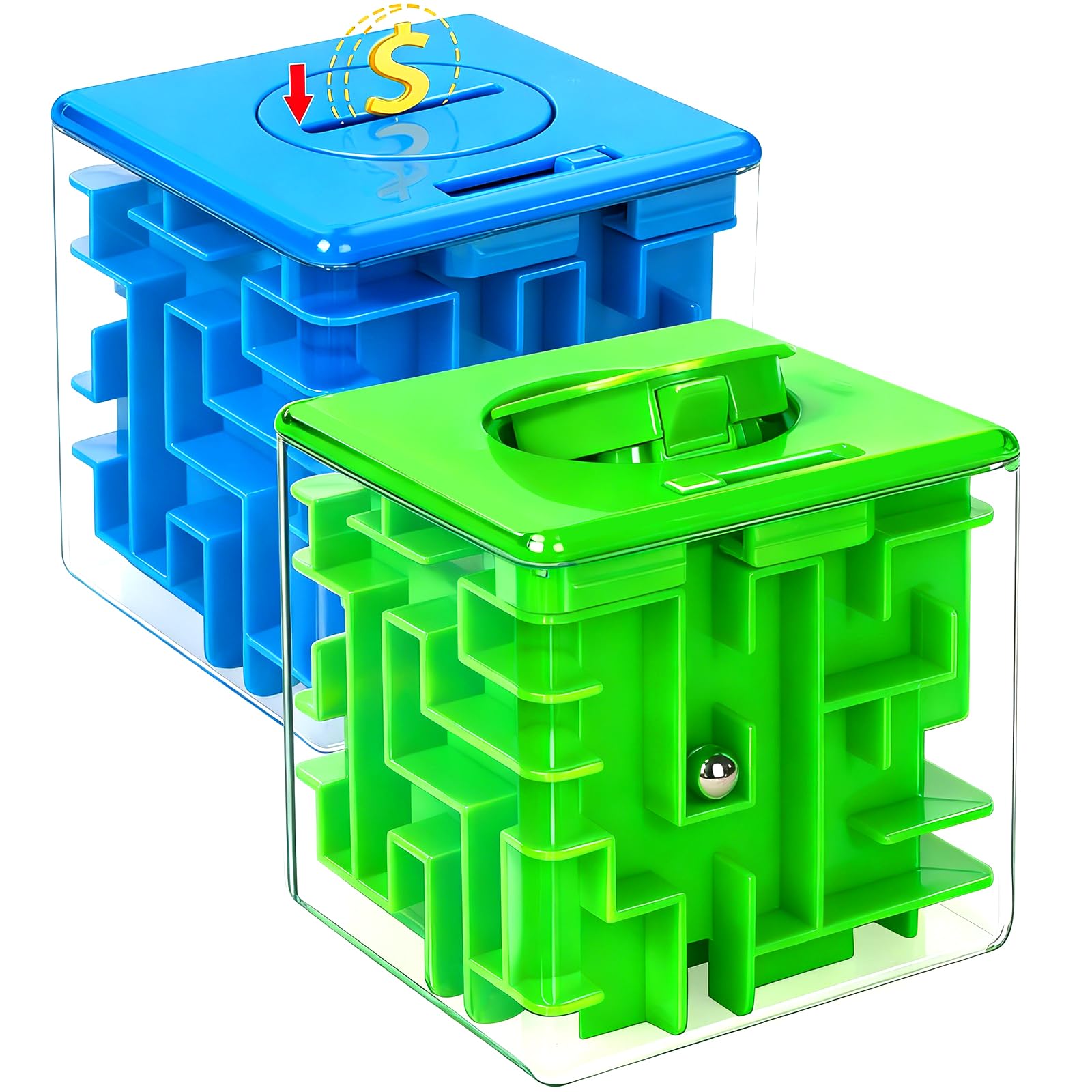 Photo 1 of 2 Pack Money Puzzle Gift Box, 3D Maze Puzzle Boxs Games Toy Gravity Memory Cube Ball Puzzle Educational Toys Gifts for Kids Boys Girls Students Teens Adults,Green and Blue