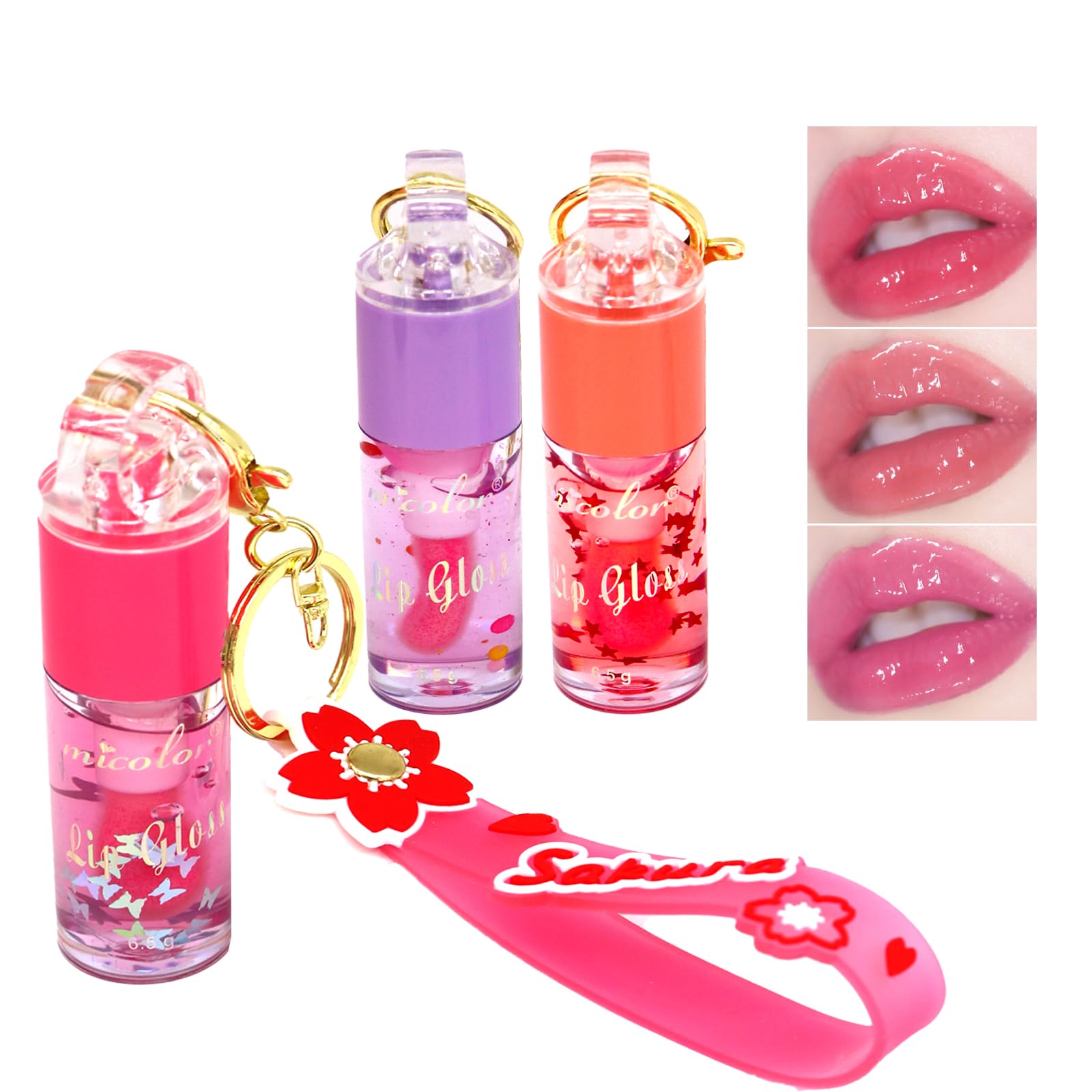 3 Colors Hydrating Lip Gloss Set, Glossy Shimmer High Shine Glass Finish Lipgloss Natural Moisturizing, Lip Make-Up for women Party Gift Sakura Keychain Design