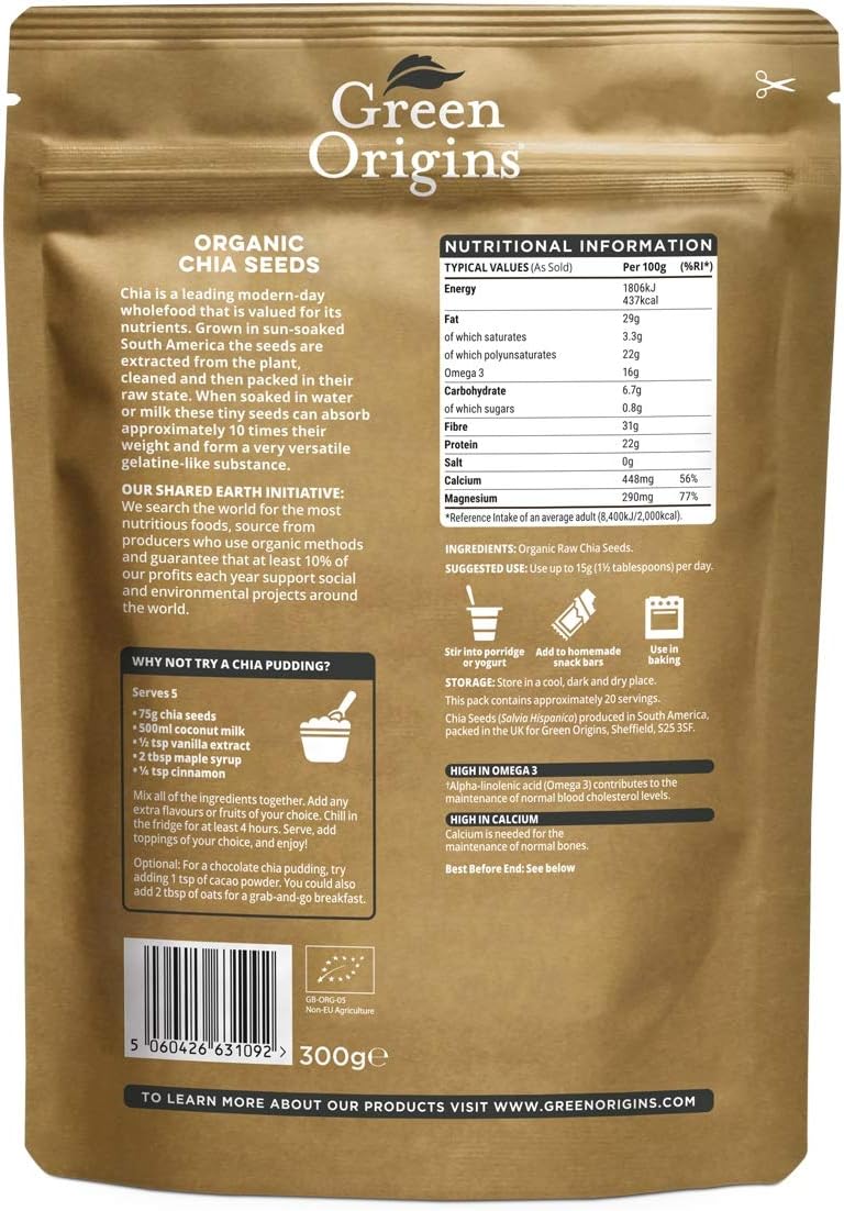Green Origins Organic Chia Seeds, Raw 300g, 300 g (Pack of 1) - Image 3