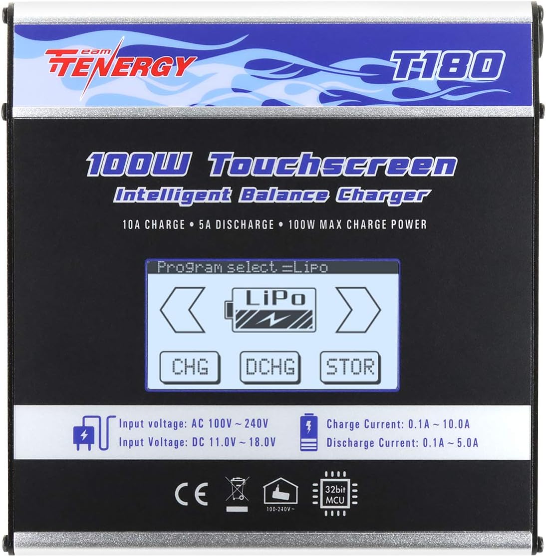 Tenergy T180 100W Balance Charger Discharger, Touch Screen RC Battery Charger for NiMH/NiCd/Li-Po/Li-Fe Packs, Durable Metal Housing, LiPo Battery Charger w/ Tamiya/JST/EC3/HiTec/Deans Connectors: Electronics