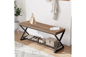 LVB Entryway Shoe Bench with Storage, 39” Entryway Bench for Foyer Hallway, Farmhouse Wood and Metal Indoor Bench for Entrance, Shoe Rack Storage Bench with Sitting for Living Room, Rustic Oak, 39 in