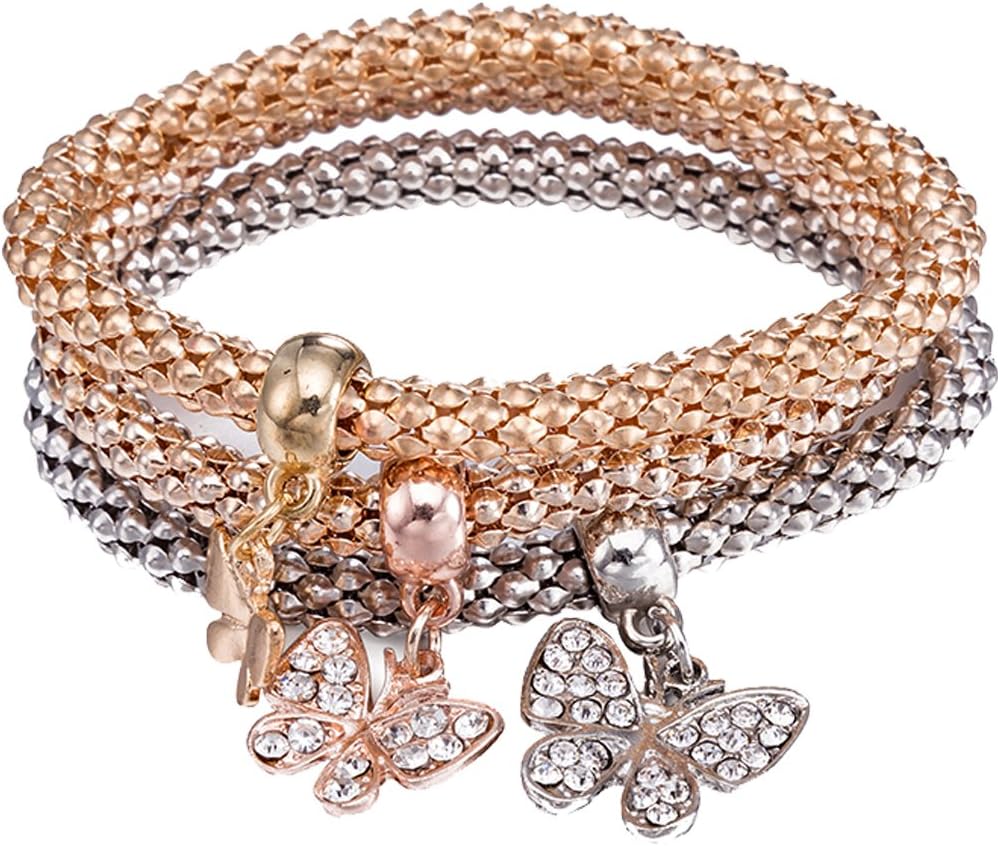 BEMI Popular 3PCS Gold/Silver/Rose Gold Corn Chain Zircon Charms Multilayer Stretch Bracelets for Womens