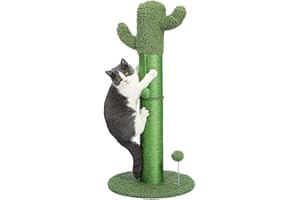 PEQULTI Cat Scratching Post Tall for Large Cats Cactus Scratcher for Indoor Cat with Toy Balls Spring Ball Catcher and Fully Wrapped Strong Sisal Rope, Green Large