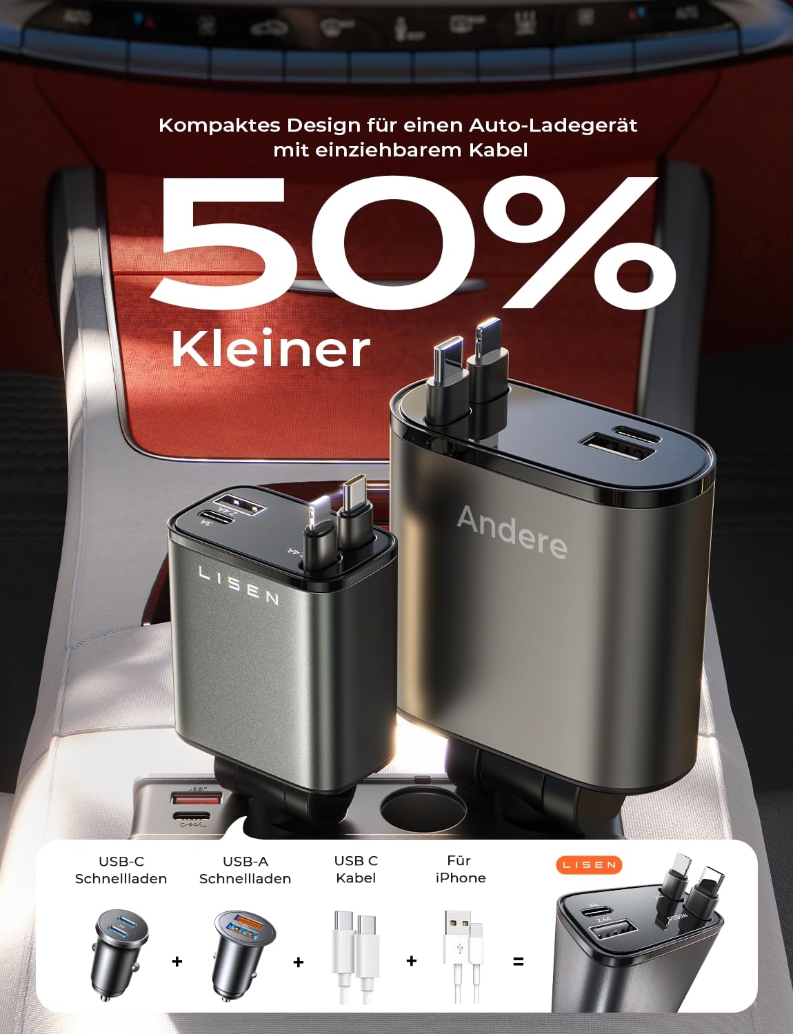LISEN 84W Zigarettenanzünder USB C Einziehbares Auto SchnellLadegerät Adapter - 2026 Personalisierte Geschenke für Männer Frauen, Auto Zubehör Innenraum Organizer Camping Gadgets für iPhone & Android 4