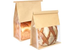 Foranda 50 Pack Bread Bags with Tabs for Homemade Sourdough Bread, 8.7x4.3x11 Inches Tin Tie Tab Lock Large Paper Bakery Packaging Bags with Window for Gifting & Bake Sale