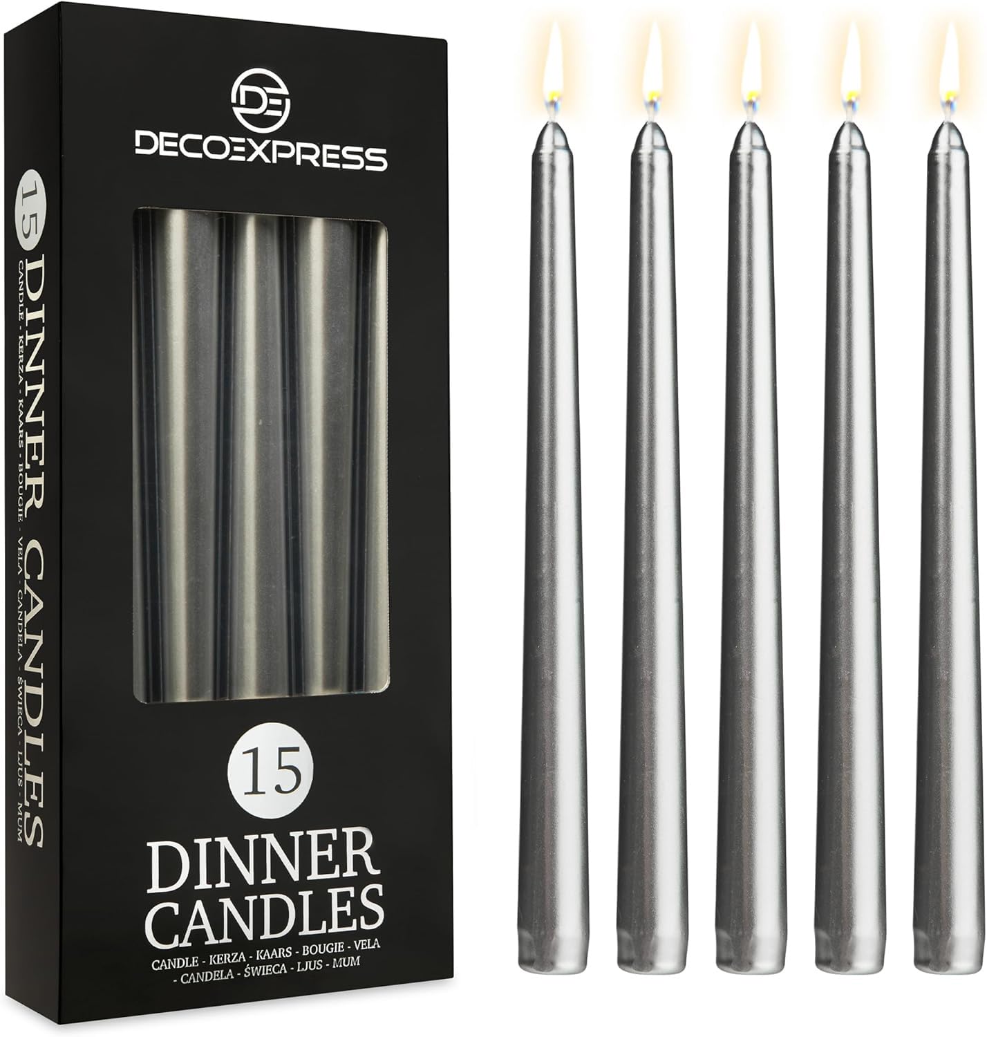 DECO EXPRESS Candles Set, Pack of 15 Classic Dripless Tapered Metallic Dinner Candles, Unscented with 8 Hours Burning Time, Home, Valentine’s Day & Mother’s Day Decor Idea (Silver, 15 Pack)