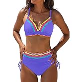 popvil High Waisted Bikini Sets for Women Tummy Control Swimsuits Neon Two Piece V Neck Drawstring Bathing Suits 2026