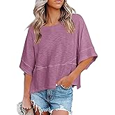 Aisongyuan Womens Fashion T-Shirt Crewneck 3/4 Sleeves Solid Color Loose Basic Tops Summer Casual Tees Blouses