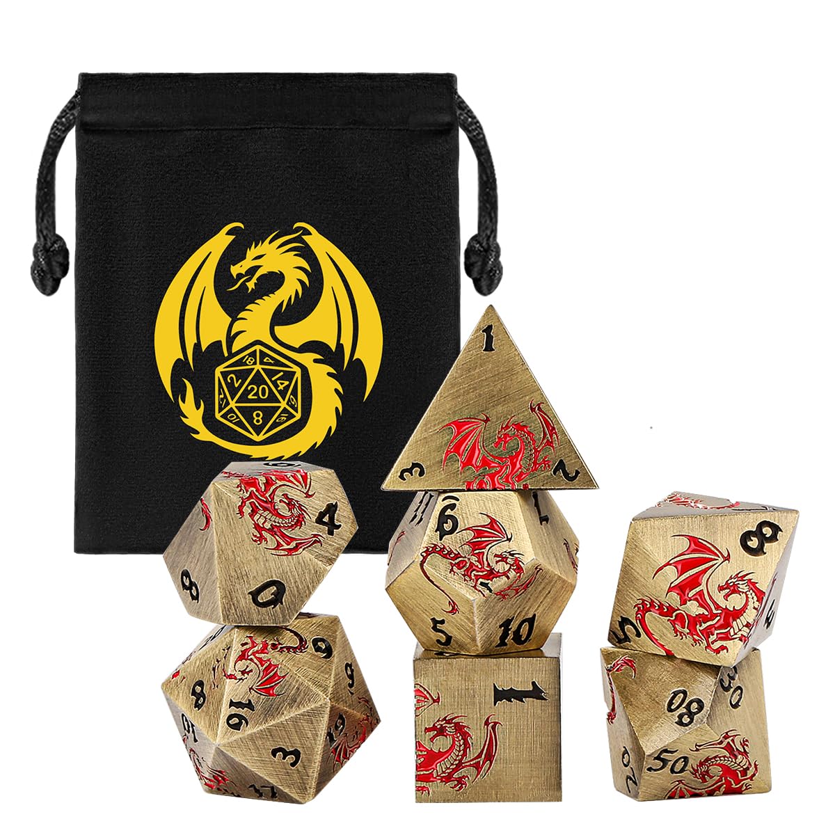 Metal Dice Set, Flat Face Design Dragon Pattern, 7pcs Polyhedral Metal DND Dice Set, DND Starter Set, D&D Gifts with Gift Bag, Role Playing Board Games Accessories, Bronze — image 1